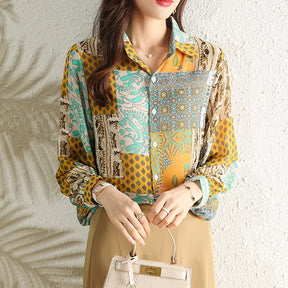 Camisa Feminina Manga Longa Chiffon Estampa Patchwork