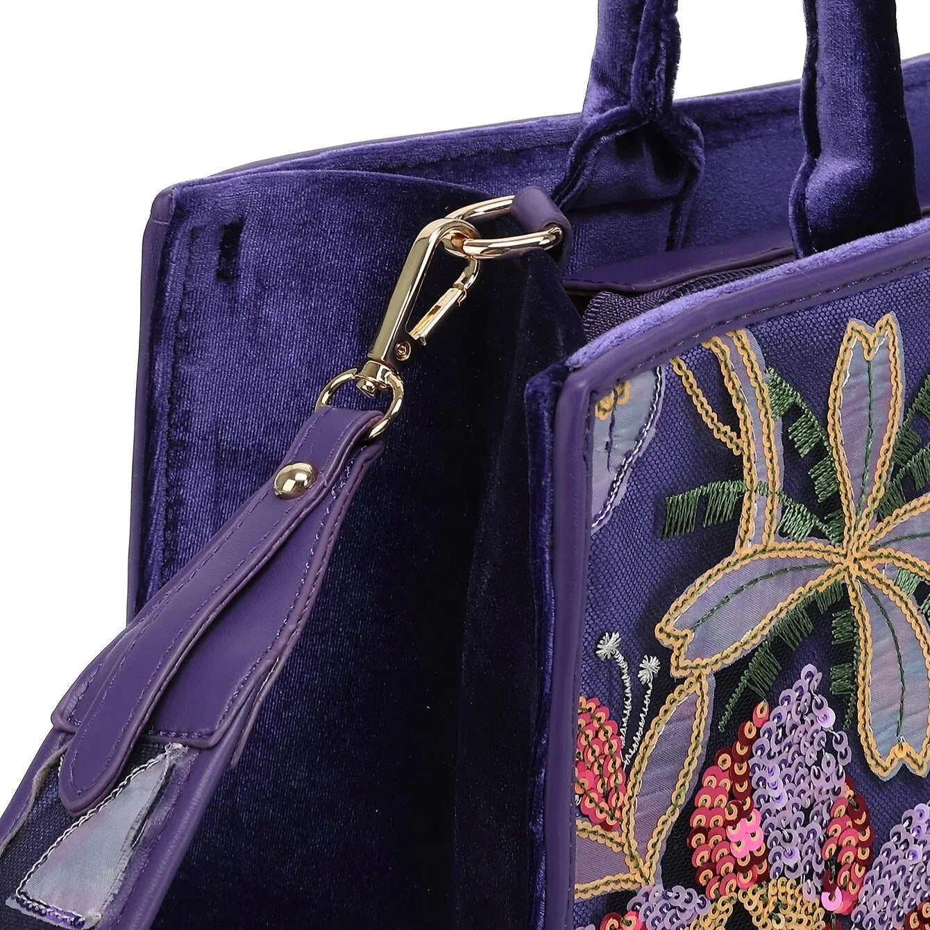 Bolsa Feminina Grande Aveludada Roxa Bordada Com Flores Alça de Mão e Ombro