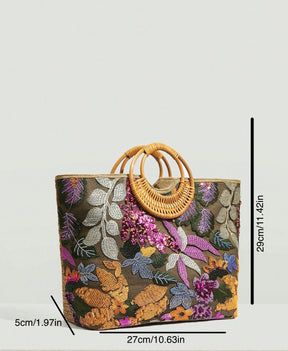 Bolsa Feminina Grande Bordada Com Flores Coloridas Alça Redonda de Palha