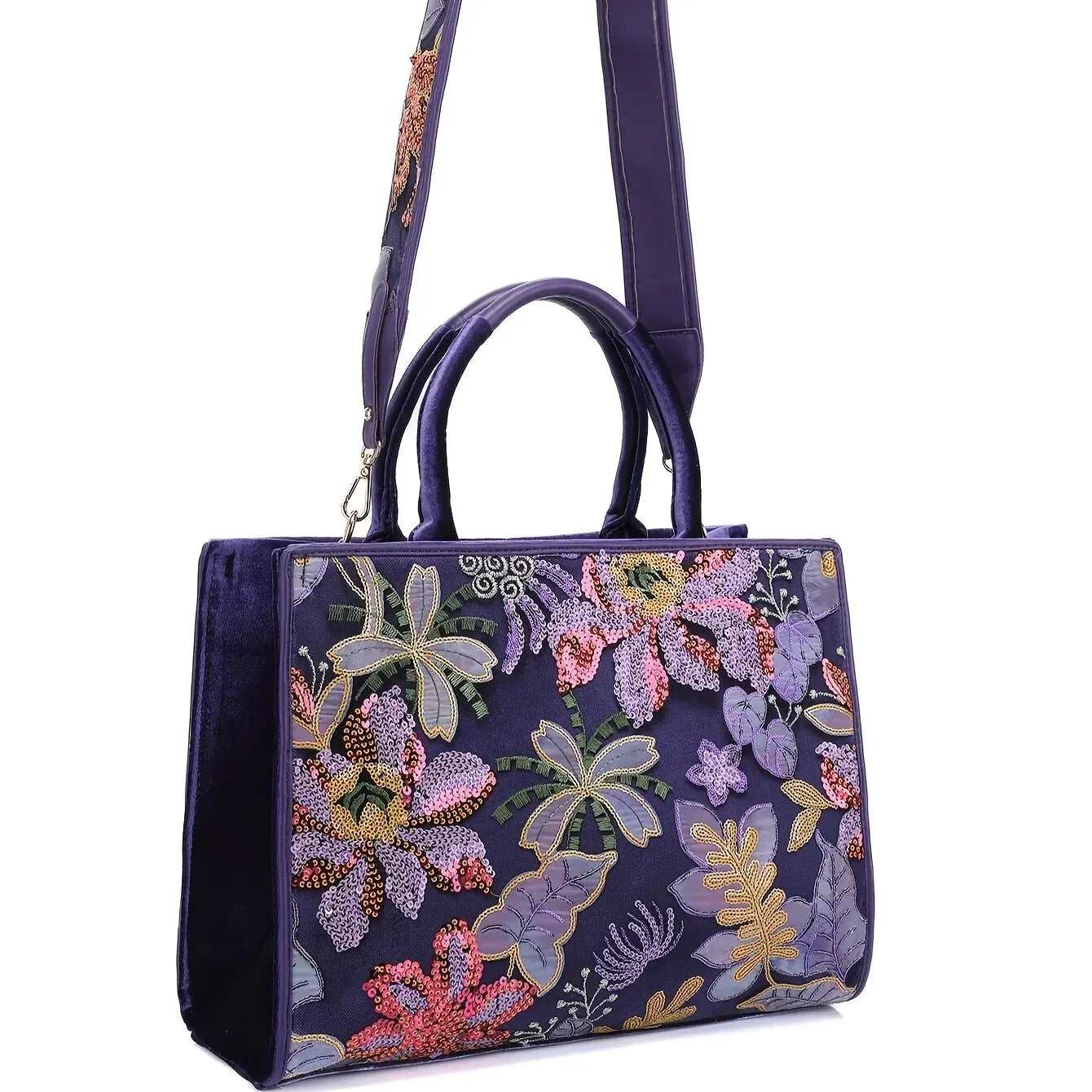 Bolsa Feminina Grande Aveludada Roxa Bordada Com Flores Alça de Mão e Ombro