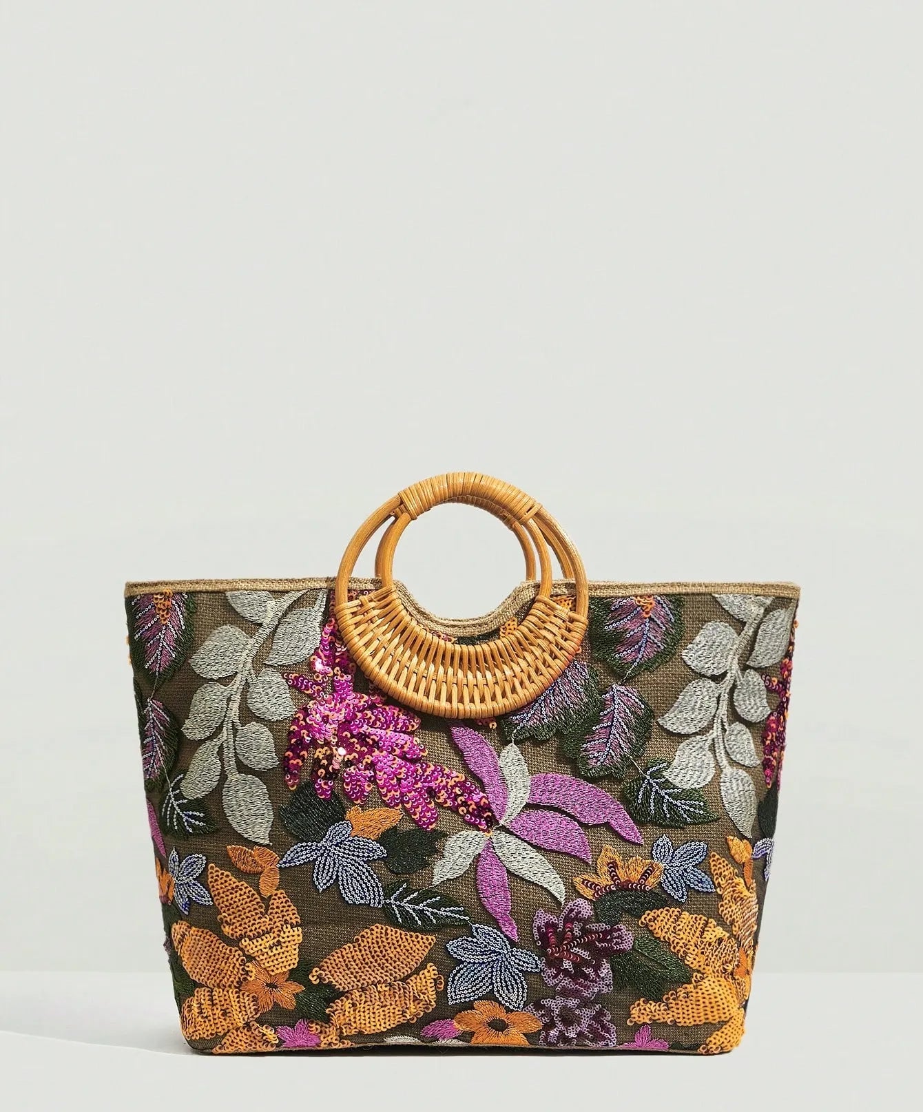 Bolsa Feminina Grande Bordada Com Flores Coloridas Alça Redonda de Palha