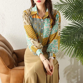 Camisa Feminina Manga Longa Chiffon Estampa Patchwork