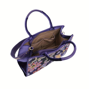 Bolsa Feminina Grande Aveludada Roxa Bordada Com Flores Alça de Mão e Ombro