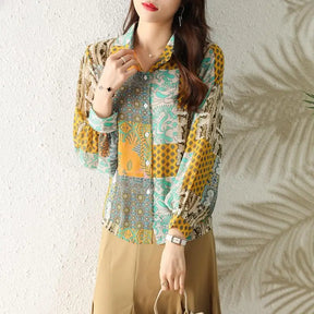 Camisa Feminina Manga Longa Chiffon Estampa Patchwork