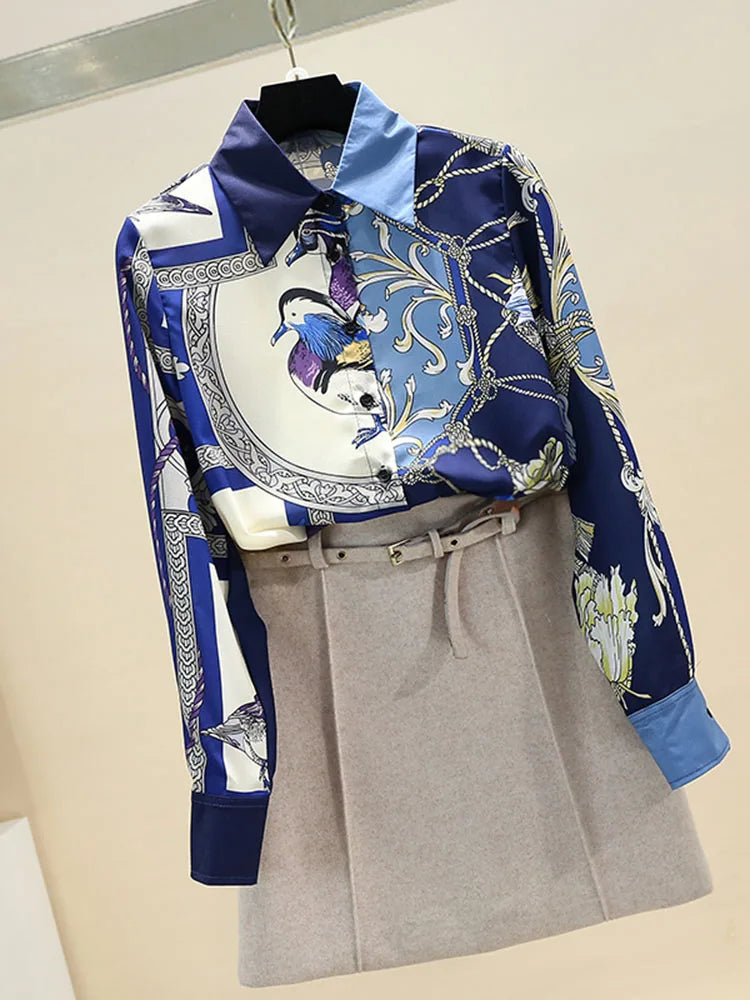 Camisa Feminina Manga longa Toque de Seda Pássaro Azul