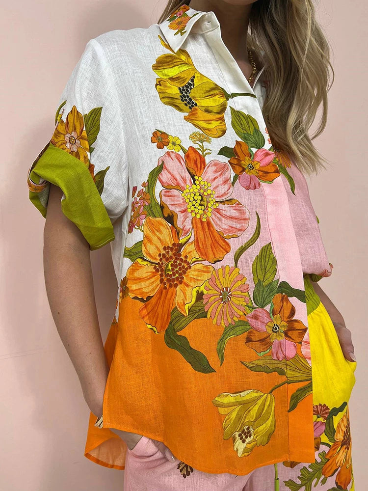 Conjunto Camisa Manga Curta e Calça de Elástico com Amarração Floral