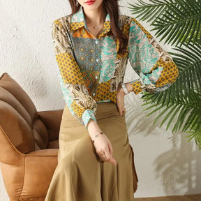 Camisa Feminina Manga Longa Chiffon Estampa Patchwork