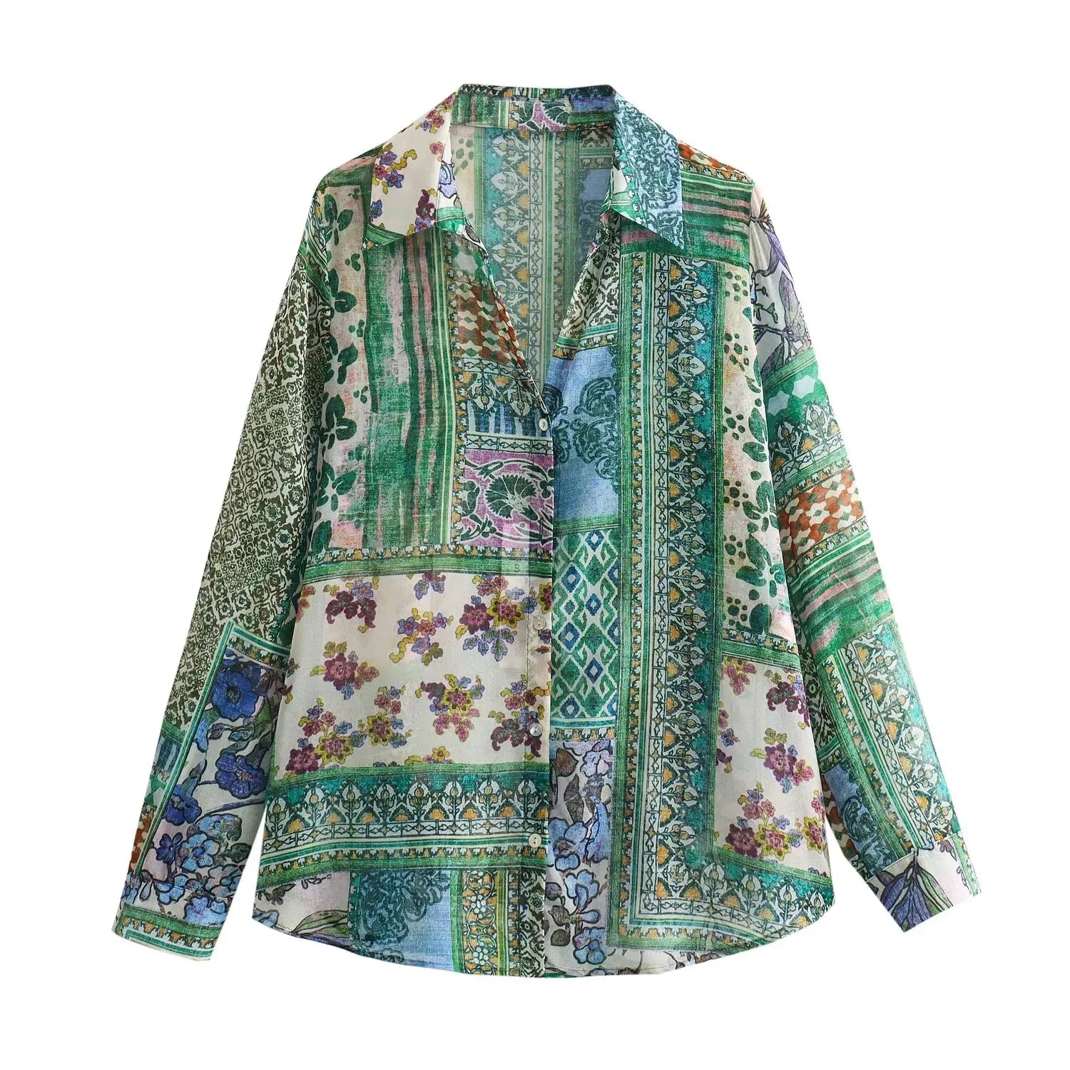 Camisa Estampada Boho Chic Verde Toque de Seda