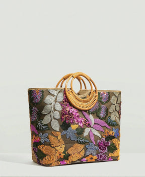 Bolsa Feminina Grande Bordada Com Flores Coloridas Alça Redonda de Palha