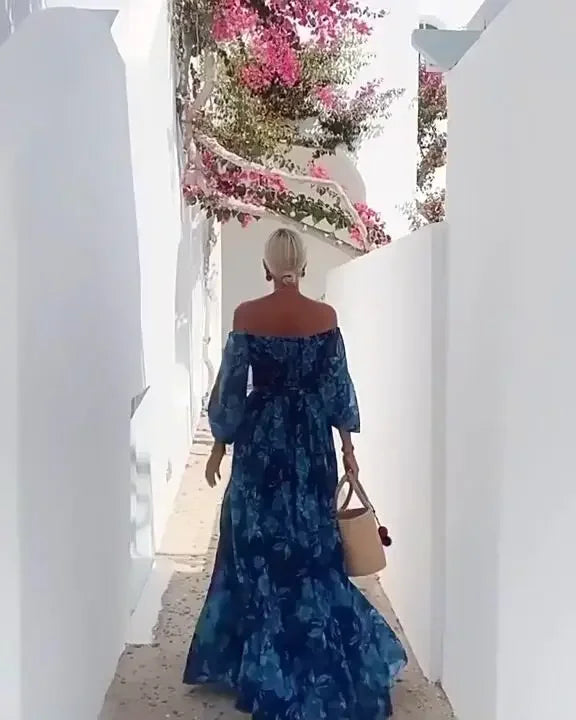 Vestido Duda – Azul Floral com Decote Ciganinha