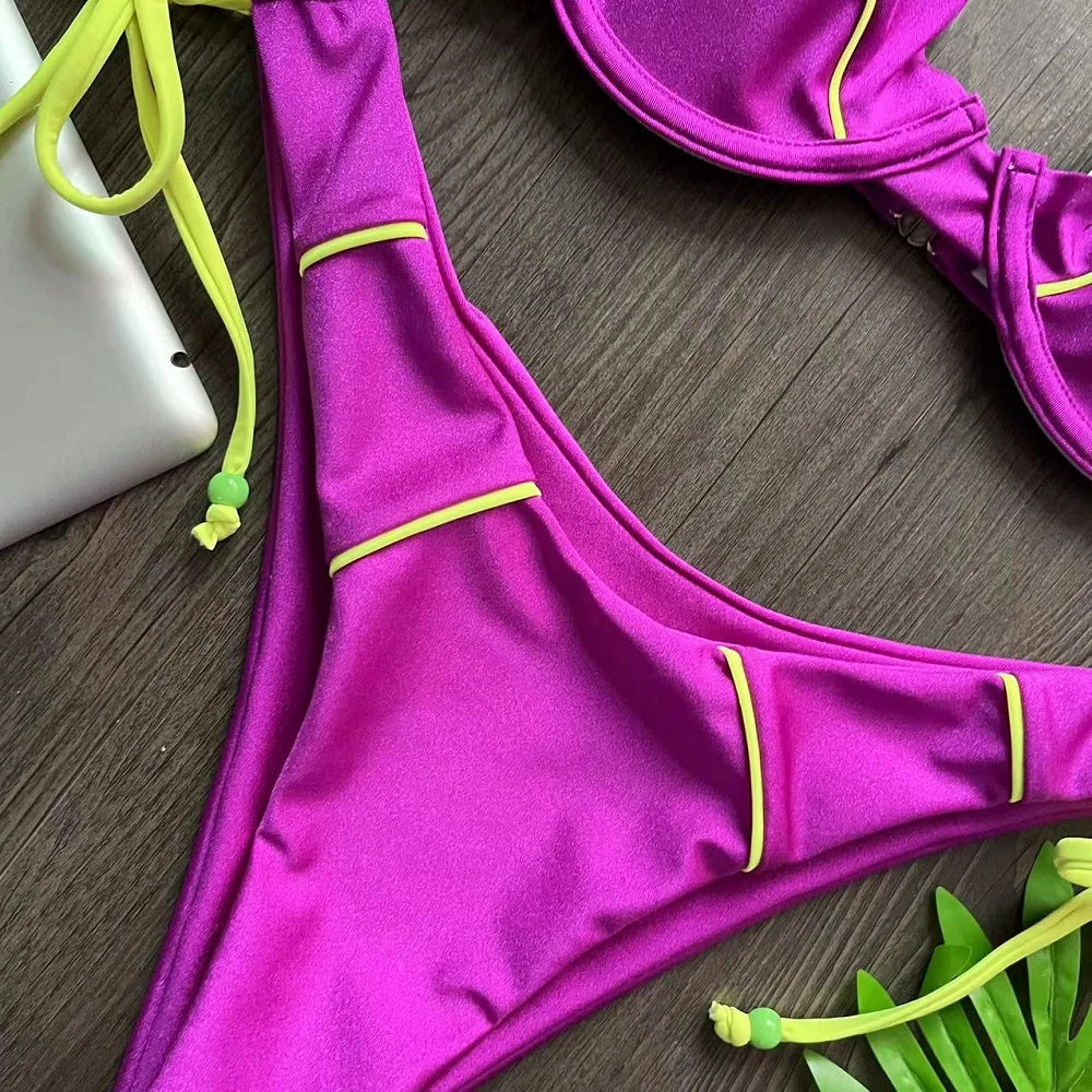 Biquini Push UP com aro e bojo Roxo e Amarelo