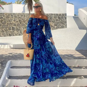 Vestido Duda – Azul Floral com Decote Ciganinha