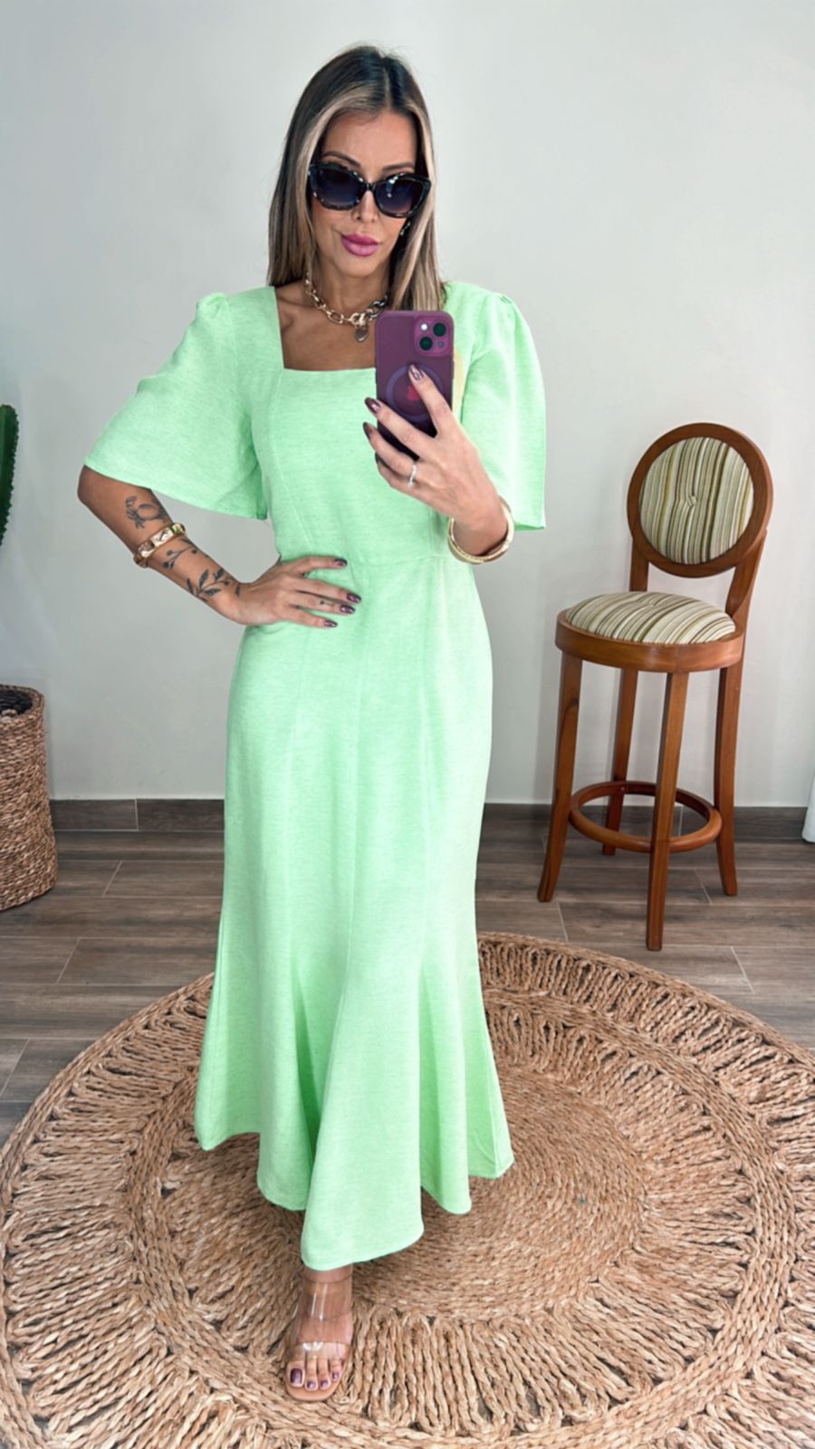 Vestido Sereia em linho Verde Menta