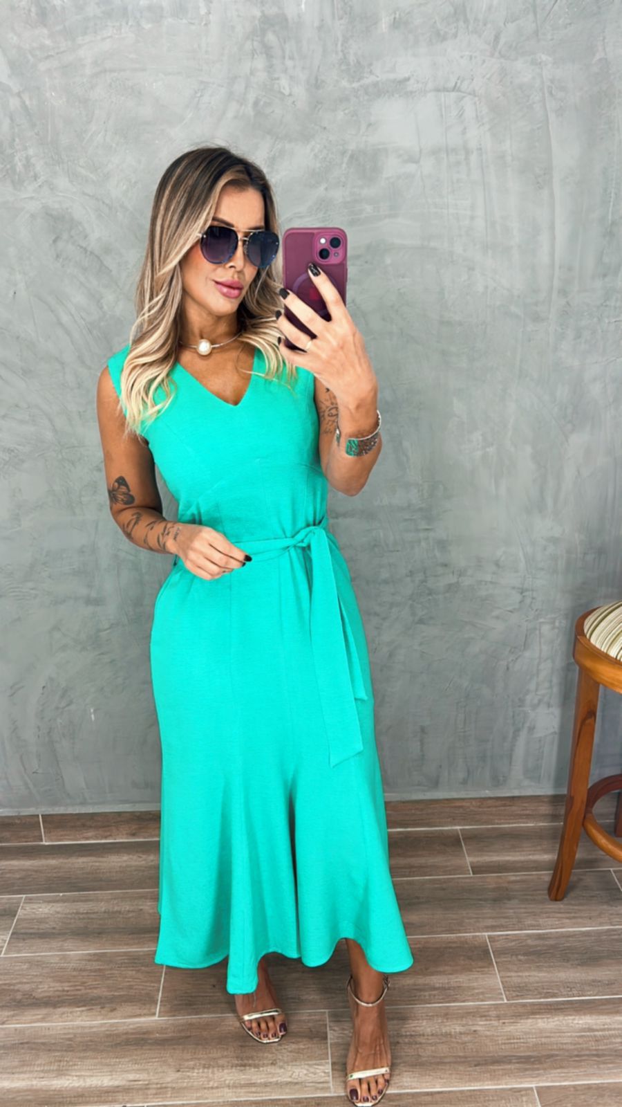 Vestido Sereia sem manga em linho Verde Água