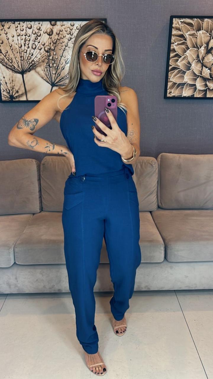 Conjunto Alfaiataria Calça Skinny e Blusa Gola Alta Istambul Azul