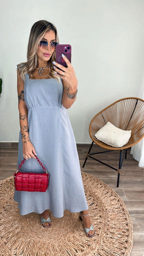 Vestido em linho Godê com bolsos Queenstown Cinza