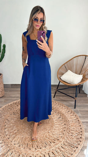 Vestido em linho Godê com bolsos Queenstown Azul Marinho