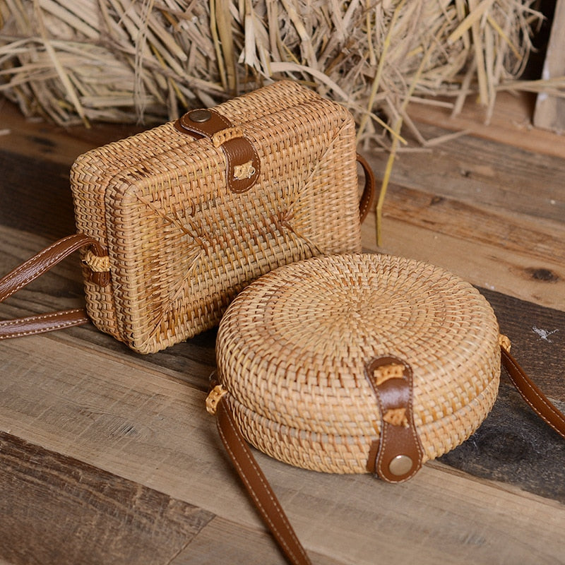 Bolsa retrô de rattan retangular